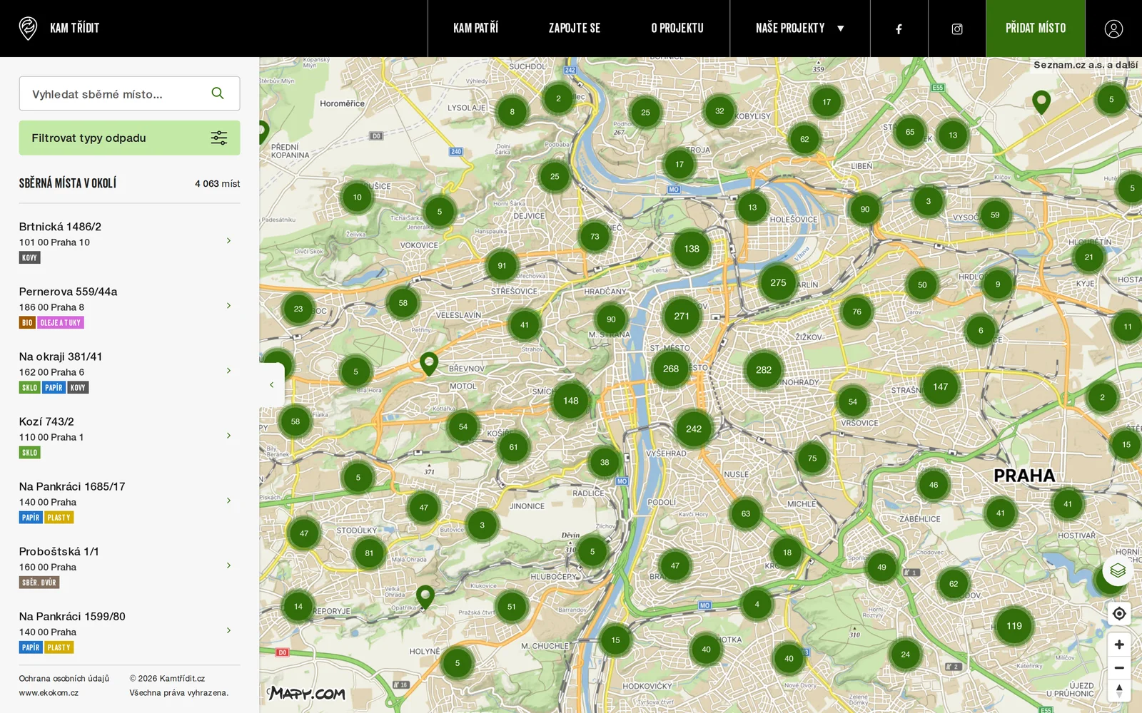 Kamtřídit map with clustered recycling points