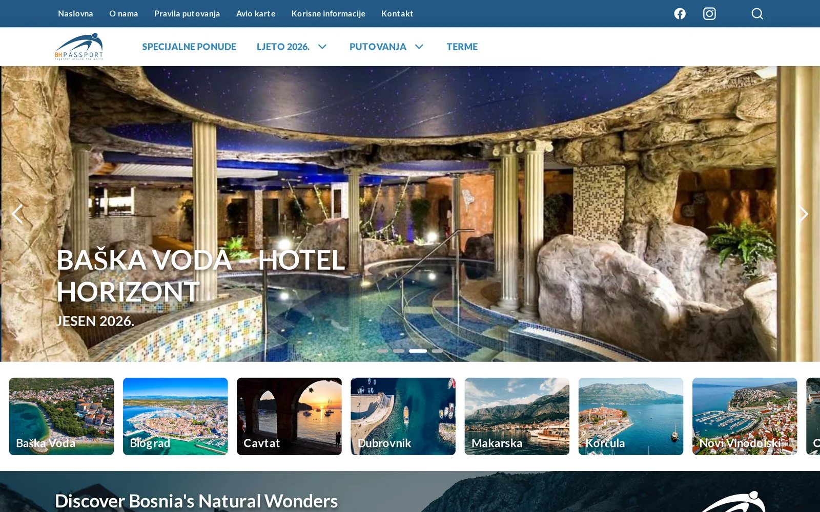 BH-Passport homepage: travel offer carousel and a row of destination cards