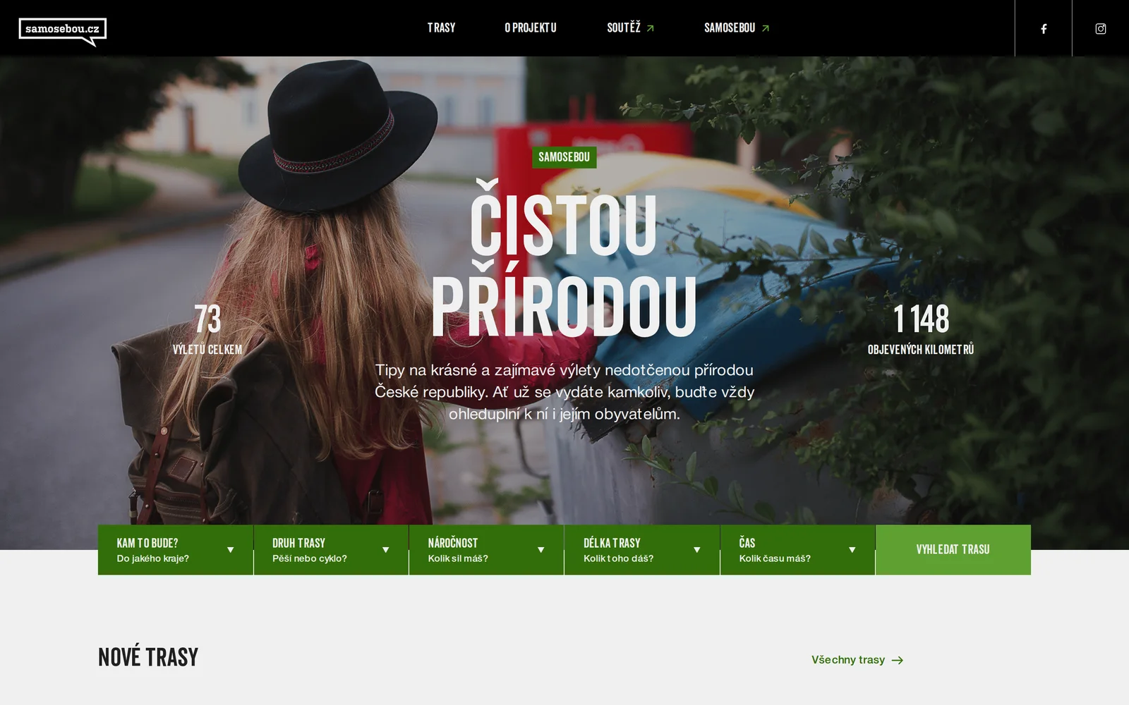 Čistou přírodou homepage: hero photo with trip and distance counters and a route search bar
